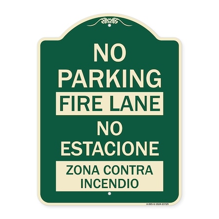 Signmission No Parking Fire Lane No Estacione Zona Contra Incendio Heavy-Gauge Alum, 24" x 18", G-1824-23729 A-DES-G-1824-23729